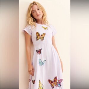 Papiyon by Fanm Mon Linen Maxi Dress Cap Sleeves with Butterfly Embroidery Lilac